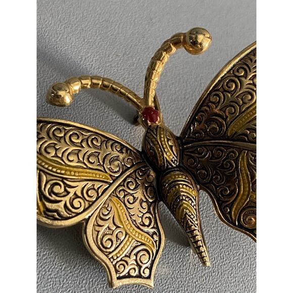 Spain Damascene Butterfly Brooch Signed Gold Tone Yellow Enamel Pin Red Head - Picture 7 of 11